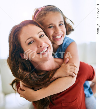 Mom, girl and piggyback in portrait with love for gratitude, care and support on mothers day. Woman, child and affection in living room with smile for trust, appreciation and family bonding at home 142153491