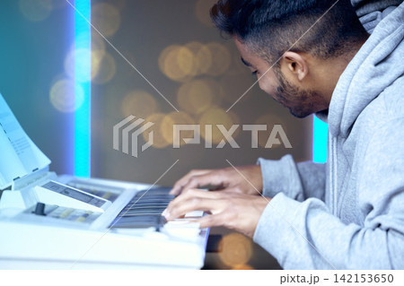 Man, keyboard for music and concert with creative talent, sound or audio with musician at jazz festival. Performance, entertainment and artist with piano, electric keys and band for art and musical 142153650