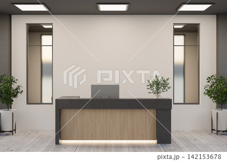 Blank Wall Mockup in Modern Office Reception with Wooden and Concrete Front Desk Blank Wall Mockup in Modern Office Reception with Wooden and Concrete Front Desk 142153678