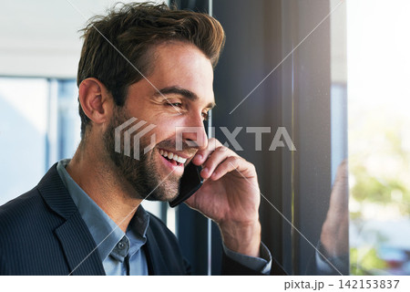Happy, businessman and thinking with phone call for conversation, communication or proposal by window at office. Man or employee with smile on mobile smartphone for business discussion at workplace Happy, businessman and thinking with phone call for conversation, communication or proposal by window at office. Man or employee with smile on mobile smartphone for business discussion at workplace 142153837