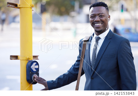 Button, portrait and black man for pedestrian crossing, traffic light and street in city. Smile, commute and travel to work office in town with press and crosswalk, urban and road sidewalk for safety Button, portrait and black man for pedestrian crossing, traffic light and street in city. Smile, commute and travel to work office in town with press and crosswalk, urban and road sidewalk for safety 142153843
