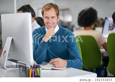 Businessman, happy and office in portrait at desk for work in company with technology in confidence. Pride, employee and finance with broker for action plan with hustle, thinking and workspace 142153853