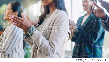Hands, business people and applause in conference, success and achievement of seminar presentation. Closeup of audience, crowd and team clapping to celebrate meeting, award and feedback at convention 142153861
