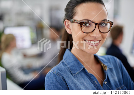 Smile, portrait and woman manager with employees, office and company for team meeting. Face, eyewear and startup for interior designer, creative and coworkers for female person in workplace Smile, portrait and woman manager with employees, office and company for team meeting. Face, eyewear and startup for interior designer, creative and coworkers for female person in workplace 142153863