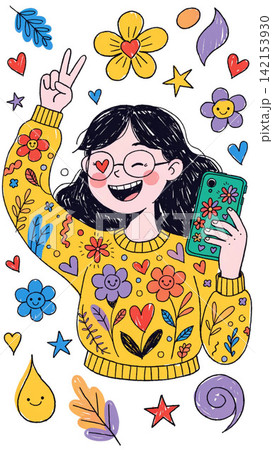 Cute cheerful young girl taking a selfie with a smartphone vector background Cute cheerful young girl taking a selfie with a smartphone vector background 142153930
