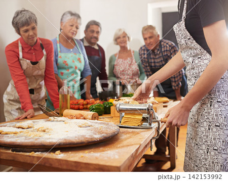 Cooking course, pasta and chef with senior people in kitchen for help, guide or how to questions, advice or steps. Learning, class and nutritionist with audience for teaching, ravioli or nutrition Cooking course, pasta and chef with senior people in kitchen for help, guide or how to questions, advice or steps. Learning, class and nutritionist with audience for teaching, ravioli or nutrition 142153992