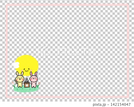 Cute twin bunny friends enjoying moon viewing with dumplings - Illustration, frame, and speech bubble for the Mid-Autumn Festival. Cute twin bunny friends enjoying moon viewing with dumplings - Illustration, frame, and speech bubble for the Mid-Autumn Festival. 142154047