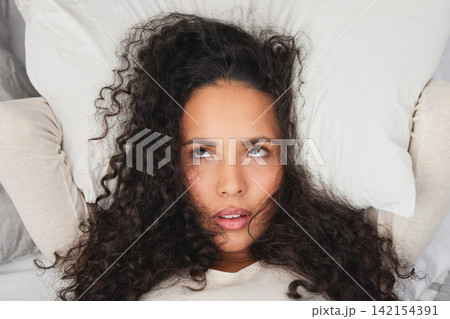 Woman, frustrated in bed from insomnia in morning with sleep trouble from stress, Upset, bedroom and above with annoyed and sleepless university student with exam anxiety and nap issue from burnout Woman, frustrated in bed from insomnia in morning with sleep trouble from stress, Upset, bedroom and above with annoyed and sleepless university student with exam anxiety and nap issue from burnout 142154391