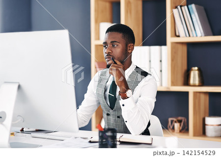 Business, office or black man on computer to research for consulting, legal advice or networking. Lawyer, online policy or African attorney on internet or technology for schedule or feedback review 142154529