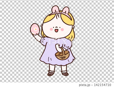 A girl wearing bunny ears finds an egg during an egg hunt (Easter) A girl wearing bunny ears finds an egg during an egg hunt (Easter) 142154710