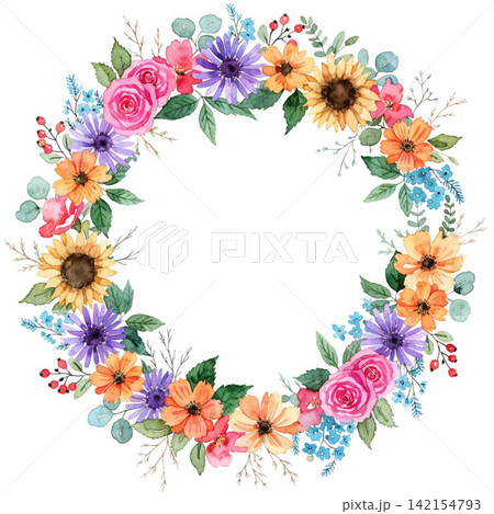 circular botanical arrangement with vibrant vector background  142154793