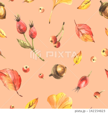 Autumn foliage with leaves, rose hips, apples, and acorns. Hand-drawn watercolor illustrations. A simple seamless pattern on a peach background for textiles, packaging, and seasonal sale design 142154823