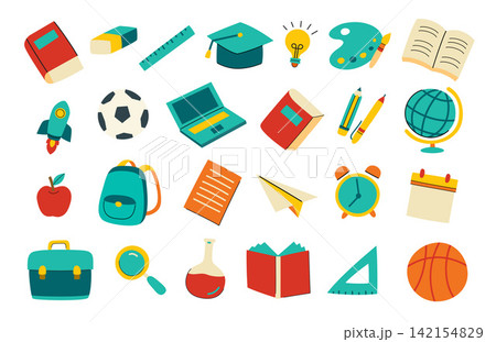 Back to school supplies with cute hand drawn stationery and study equipment. 142154829