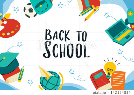 Back to school banner frame template with cute doodle study supplies and stationery. Back to school banner frame template with cute doodle study supplies and stationery. 142154834