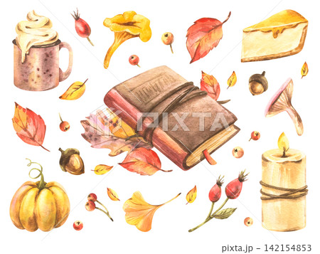 Autumn watercolor composition with open book, pumpkin, coffee, pie, leaves, berries and acorns. Cozy harvest decor for seasonal greeting card, autumn sale and Black Friday design. 142154853
