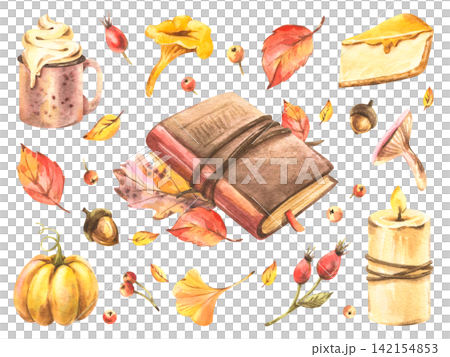 Autumn watercolor composition with open book, pumpkin, coffee, pie, leaves, berries and acorns. Cozy harvest decor for seasonal greeting card, autumn sale and Black Friday design. 142154853