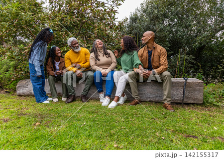 African American multigenerational family sitting on carved log bench in park, laughing with cane African American multigenerational family sitting on carved log bench in park, laughing with cane 142155317