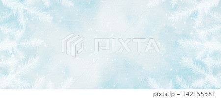 A blue watercolor background with white fir branches for creating web banners for the winter holidays. A blue watercolor background with white fir branches for creating web banners for the winter holidays. 142155381