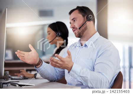 Man, telemarketing and call center with computer for customers, contact and business deal. Sales representative, consulting and pc with headset for digital communication, networking and negotiation 142155403