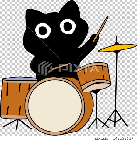 Cartoon Black cat Creature Playing Drums Cartoon Black cat Creature Playing Drums 142155517