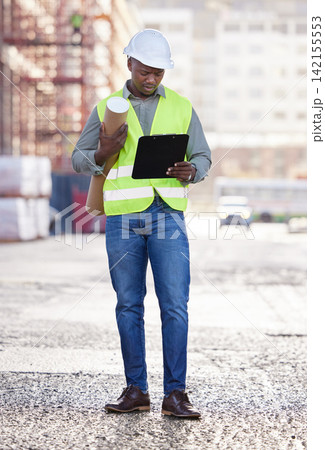Construction site, blueprint and clipboard by black man for design, checklist or architecture compliance. Building, engineering or African architect with property floor plan for industrial strategy 142155553