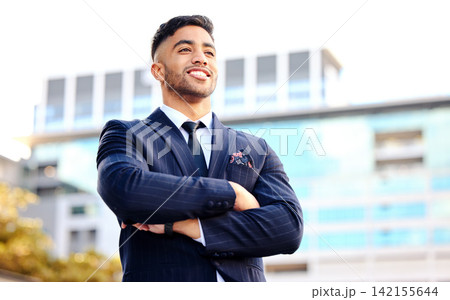 Outdoor, city and smile of businessman with arms crossed for legal job, career or thinking in New York. Corporate, employee and pride of attorney with happiness for law, justice and idea in low angle Outdoor, city and smile of businessman with arms crossed for legal job, career or thinking in New York. Corporate, employee and pride of attorney with happiness for law, justice and idea in low angle 142155644