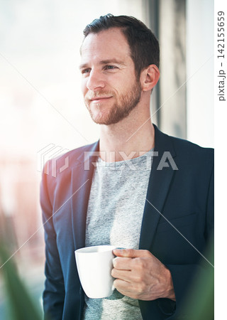 Business, thinking and happy man with coffee in office for morning, routine or consulting, guide and service. Remember, reflection and broker with loan, insurance or property, solution or advice 142155659