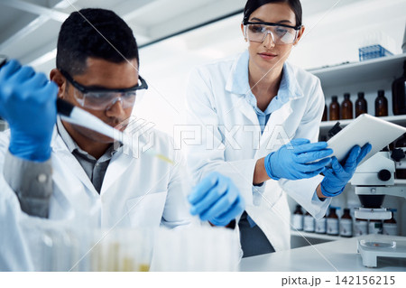 People, teamwork or scientists on tablet for test tube results, life extension or antiaging medicine in laboratory. Assistant, vial or biologists with chemistry research, liquid or science update 142156215