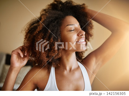 Home, peace and black woman stretching, smile and happiness with weekend break, sunshine and stress relief. Bedroom, apartment and African person with wellness, holiday and calm with healthy routine 142156305
