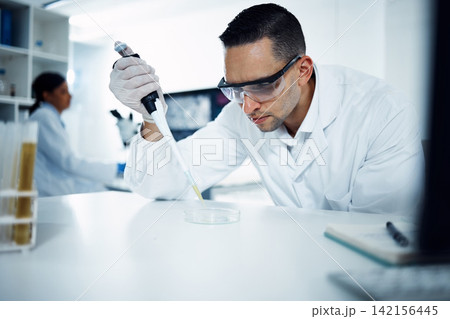 Scientist, man and pipette on petri dish for research, test or chemical analysis for healthcare innovation in laboratory. Dropper, science and medical study of drugs, liquid or exam for biotechnology Scientist, man and pipette on petri dish for research, test or chemical analysis for healthcare innovation in laboratory. Dropper, science and medical study of drugs, liquid or exam for biotechnology 142156445