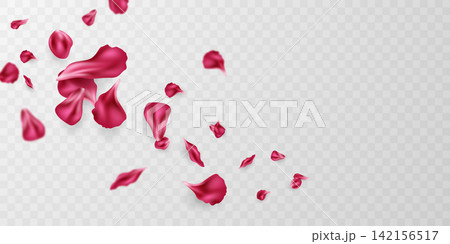 Red flower petals fall onto an abstract floral background, featuring beautiful floral patterns on a greeting card. Vector illustration. Red flower petals fall onto an abstract floral background, featuring beautiful floral patterns on a greeting card. Vector illustration. 142156517