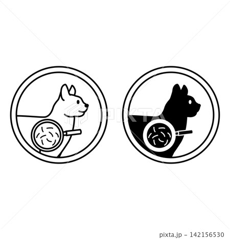 Hairball Control Labels. Black and White Vector Icons. Cat and Hair in Magnifying Glass. Pet Care Packaging Sticker 142156530