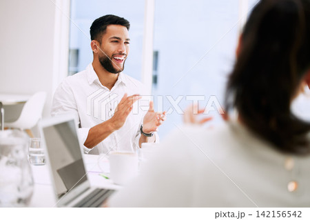 Startup, business and man clapping with smile, training and coaching on project of design in office. Creative, company and laptop for designer, employee and excited with applause and workshop 142156542