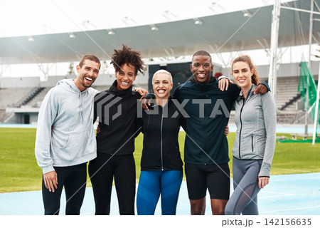 Fitness, track and portrait of people in arena for challenge, cardio workout or resilience training. Sports, diversity and group of athletes for relay event, teamwork or race competition in stadium Fitness, track and portrait of people in arena for challenge, cardio workout or resilience training. Sports, diversity and group of athletes for relay event, teamwork or race competition in stadium 142156635