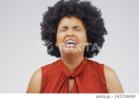 Female person, studio and crying or upset for job in education, teacher with problem or frustrated. Woman, emotion and stress in white background for career, lecturer at university or college 142156690