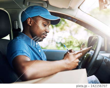 Delivery man, car and courier transport with clipboard for transportation service, shipping or distribution. Male person, vehicle and pen for online shopping order or logistics worker, parcel or mail 142156707