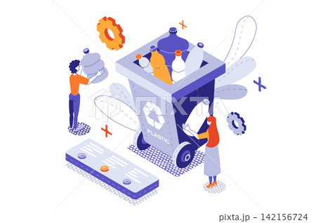 Ecology problem 3d isometric concept with isometry people for web design. Collecting trash in separation bin, recycle and reuse plastic, waste management for global eco cleanup. Vector illustration. Ecology problem 3d isometric concept with isometry people for web design. Collecting trash in separation bin, recycle and reuse plastic, waste management for global eco cleanup. Vector illustration. 142156724