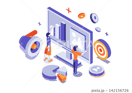 Digital marketing 3d isometric concept with isometry people for web design. Advertising campaign for audience engagement, analyzing data charts, online promotion and target. Vector illustration. Digital marketing 3d isometric concept with isometry people for web design. Advertising campaign for audience engagement, analyzing data charts, online promotion and target. Vector illustration. 142156726