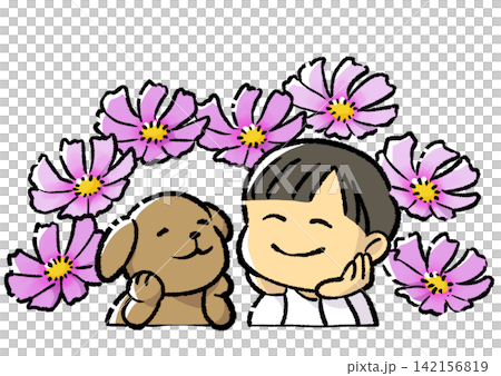 A child and a dog smiling at each other amidst a field of blooming cosmos flowers. 142156819