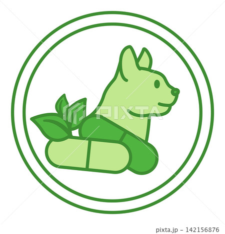 Green Label Long Life Vitamins. Vector Icon. Cat and Vitamin Capsules. Cat's Food Properties. Food Packaging Sticker 142156876