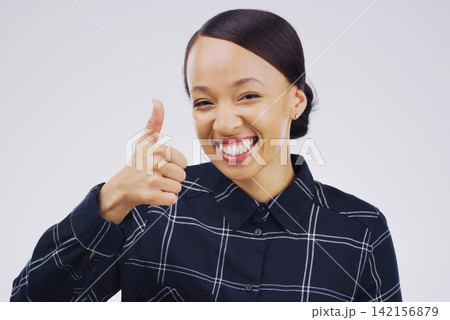 Studio, portrait and woman with thumbs up for agreement, deal and yes with mockup space. Approval, smile and happy girl with good hand gesture, satisfaction expression or sign by white background Studio, portrait and woman with thumbs up for agreement, deal and yes with mockup space. Approval, smile and happy girl with good hand gesture, satisfaction expression or sign by white background 142156879