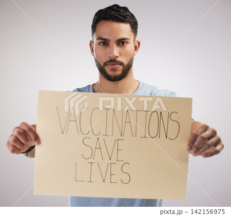 Health, vaccine poster and man in portrait for advice, covid 19, idea or safety from corona virus. Male person, pro vaccination or opinion in studio for wellness, sign or immunity on white background 142156975