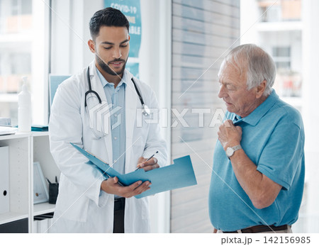 Doctor, senior patient and talking on paper in hospital, medical service and support for healthcare. Elderly person, man and speaking on diagnosis, consulting file and plan for treatment and advice Doctor, senior patient and talking on paper in hospital, medical service and support for healthcare. Elderly person, man and speaking on diagnosis, consulting file and plan for treatment and advice 142156985