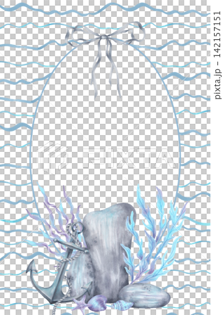 Watercolor vertical nautical frame with anchor, shell, coral, starfish, stones and bow. Hand-drawn illustration. Suitable for cards, nautical invitations, posters, childrens products and decor 142157151