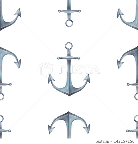 Seamless pattern featuring a classic vintage anchor. Nautical navigation equipment. Watercolor illustration. Hand-drawn background. Metal object for nautical themes, navigation and travel. 142157156