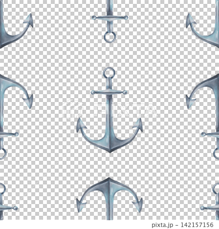 Seamless pattern featuring a classic vintage anchor. Nautical navigation equipment. Watercolor illustration. Hand-drawn background. Metal object for nautical themes, navigation and travel. 142157156