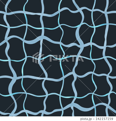 Seamless pattern of blue wavy lines forming uneven squares. Delicate abstract plaid background for textiles, packaging and nautical inspired decor. Hand drawn watercolor illustration. Seamless pattern of blue wavy lines forming uneven squares. Delicate abstract plaid background for textiles, packaging and nautical inspired decor. Hand drawn watercolor illustration. 142157159