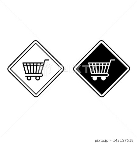 Shopping Cart Signs. Black and White Vector Icons. Road Sign. Blue Diamond with Cart 142157519