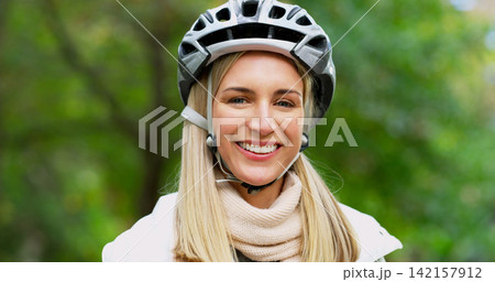 Woman, helmet and smile for park cycling or safety protection with exploring, travel or nature. Female person, exercise and vacation in New York or eco friendly transport, carbon neutral or commute Woman, helmet and smile for park cycling or safety protection with exploring, travel or nature. Female person, exercise and vacation in New York or eco friendly transport, carbon neutral or commute 142157912