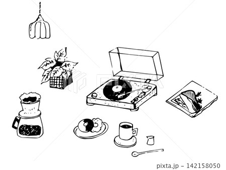 レコードプレーヤーとおうちカフェアイテムの手描きベクターイラストセット(コーヒー、ドーナツ、観葉植物 レコードプレーヤーとおうちカフェアイテムの手描きベクターイラストセット(コーヒー、ドーナツ、観葉植物 142158050